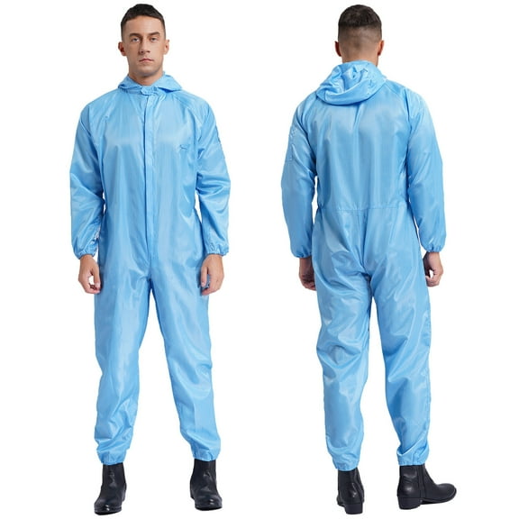 Aislor Men's Anti-Static Dustproof Hooded Coveralls Blend Work Zipper Jumpsuits Workshop Uniforms Light Blue XL