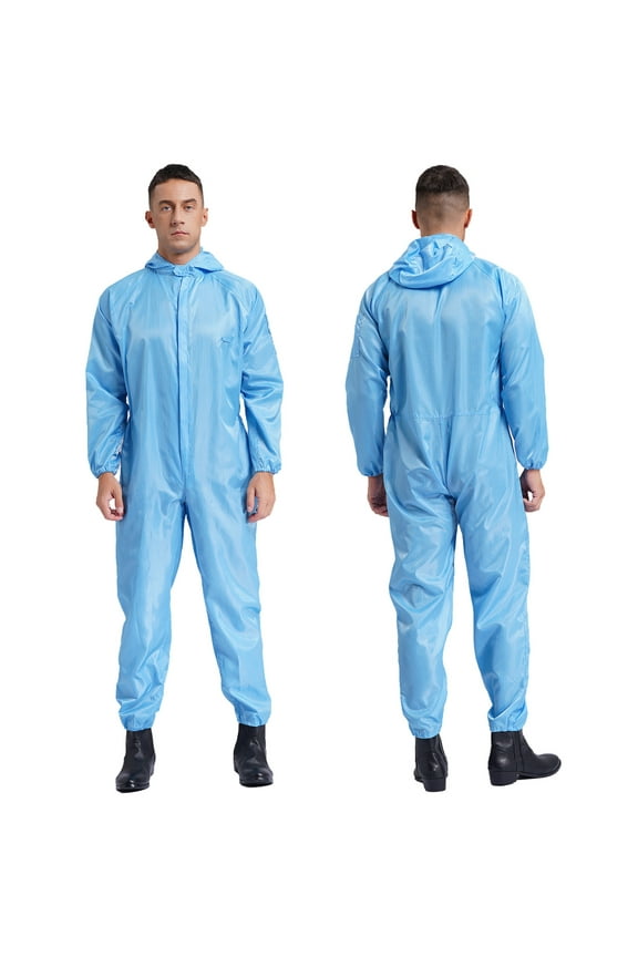 Men's Anti-Static Dustproof Hooded Coveralls Blend Work Zipper Jumpsuits Workshop Uniforms Light Blue XL