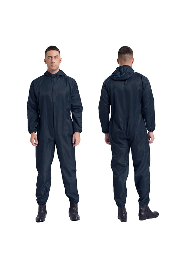 Men's Anti-Static Dustproof Hooded Coveralls Blend Work Zipper Jumpsuits Workshop Uniforms Navy Blue XXL