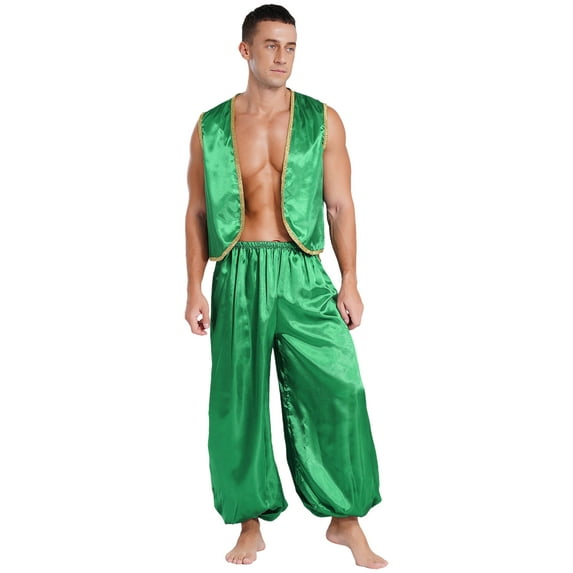 Aislor Men's Arabian Prince Belly Dance Silky Waistcoat with Harem Pants for Ballroom Green XXL