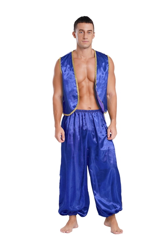 Men's Arabian Prince Belly Dance Silky Waistcoat with Harem Pants for Ballroom Royal Blue L