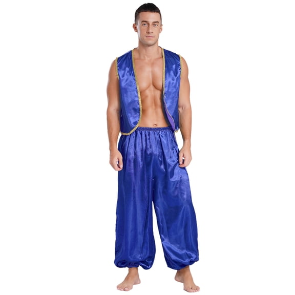 Aislor Men's Arabian Prince Belly Dance Silky Waistcoat with Harem Pants for Ballroom Royal Blue XL