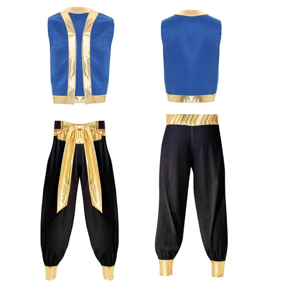 Aislor Men's Arabian Prince Cosplay Costume Sets Metallic Open Front Waistcoat with Long Pantsb Size M-3XL A Black XL