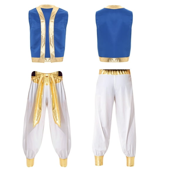 Aislor Men's Arabian Prince Cosplay Costume Sets Metallic Open Front Waistcoat with Long Pantsb Size M-3XL White XXL