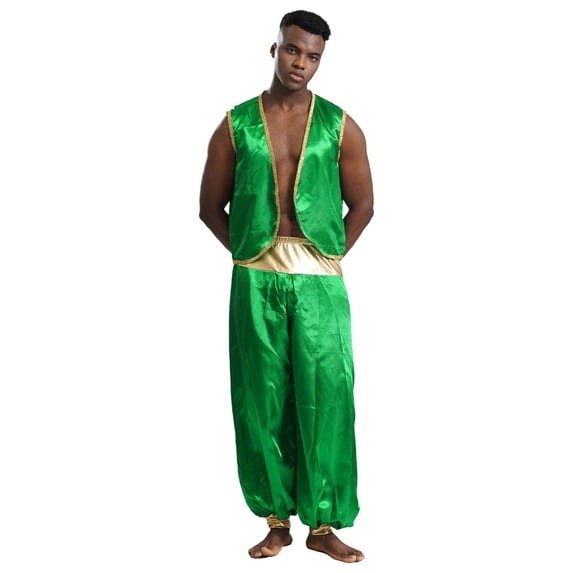 Aislor Men's Halloween Arabian Prince Costume 2 Piece Persian Cosplay Vest Long Pants Outfits Green&Green XXL