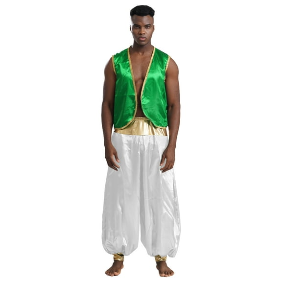 Aislor Men's Halloween Arabian Prince Costume 2 Piece Persian Cosplay Vest Long Pants Outfits Green&White M
