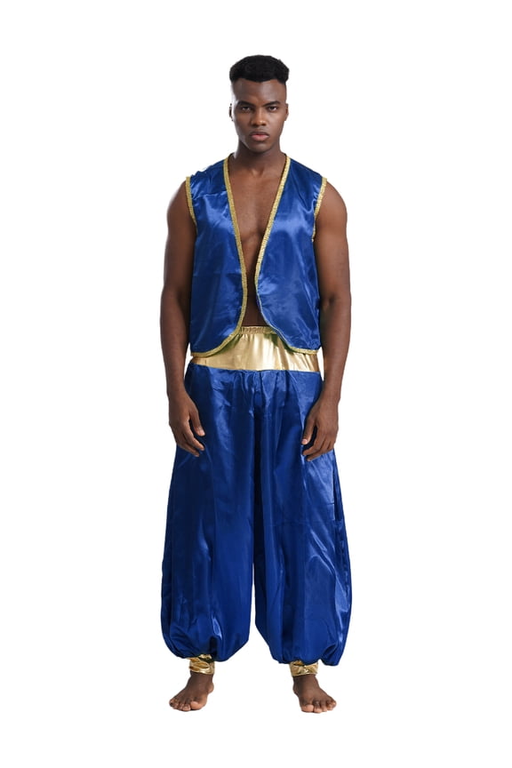 Men's Halloween Arabian Prince Costume 2 Piece Persian Cosplay Vest Long Pants Outfits Royal Blue&Royal Blue S