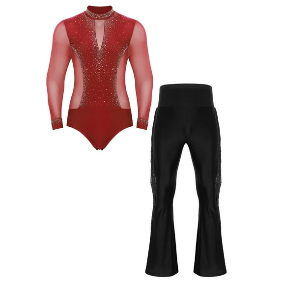 Aislor Men's Latin Ballroom Dance Costume Rhinestone Shiny Bodysuit with Flared Pants Ballet Dance Outfit Red&Black XXL