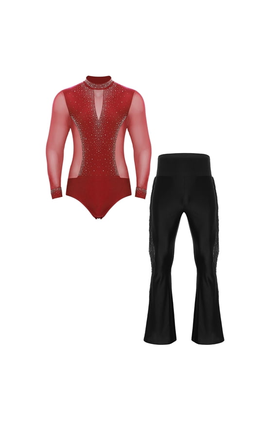 Men's Latin Ballroom Dance Costume Rhinestone Shiny Bodysuit with Flared Pants Ballet Dance Outfit Red&Black XXL
