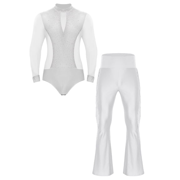 Aislor Men's Latin Ballroom Dance Costume Rhinestone Shiny Bodysuit with Flared Pants Ballet Dance Outfit White M