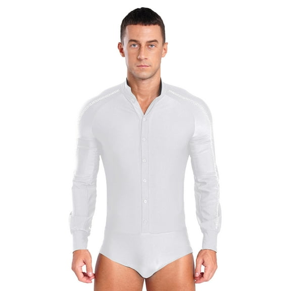 Aislor Men's Latin Costume Sparkly Rhinestones Ballroom Dance Shirt Stand Collar Button Down Leotard White L