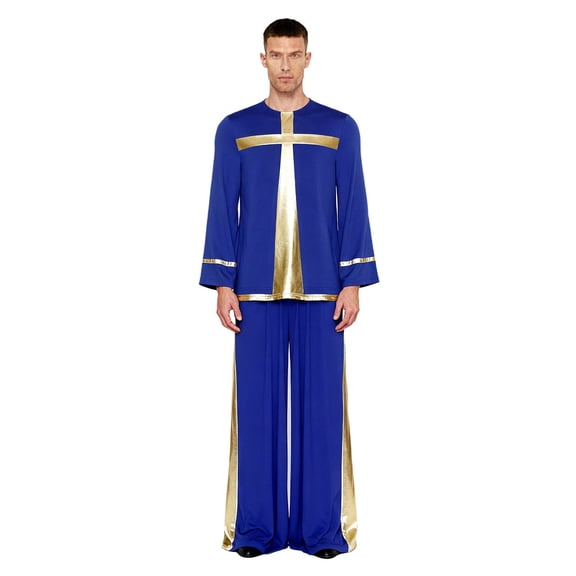 Aislor Men's Liturgical Praise Dance Outfit Metallic Shiny Cross Pullover Tops and Loose Pants Church Worship Dancewear Royal Blue XXL