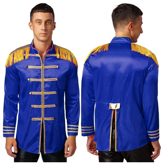 Aislor Men's Long Sleeve Stand Collar Tassels Jacket Halloween Royal Guard Costume for Stage Performance Royal Blue M
