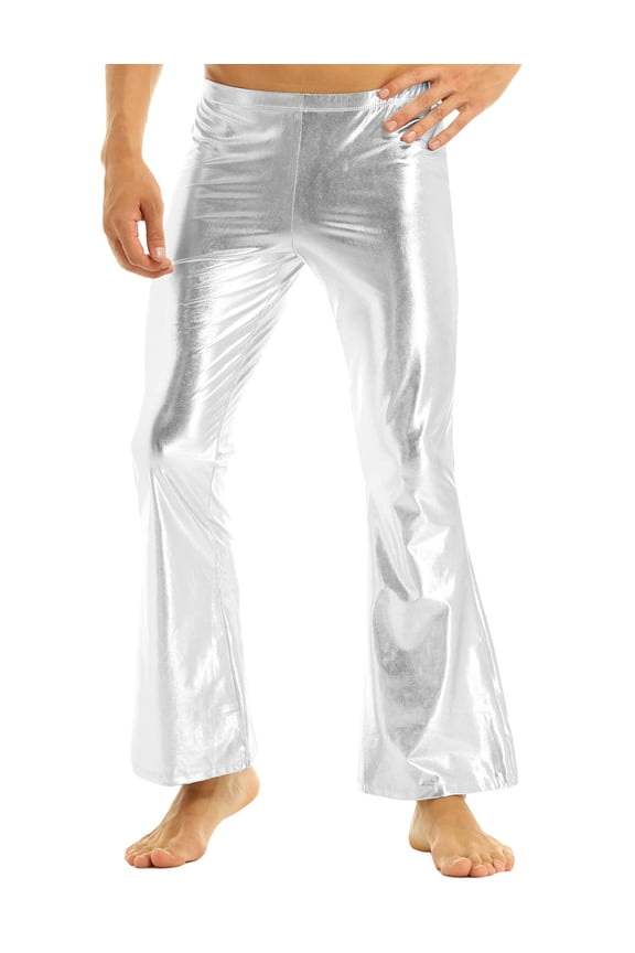 Men's Shiny Metallic 70s Vintage Disco Pants Bell Bottom Flared Dude Long Pants Trousers