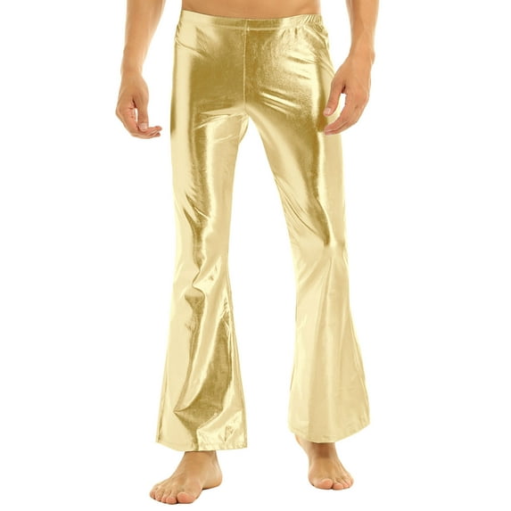 Aislor Men's Shiny Metallic 70s Vintage Disco Pants Bell Bottom Flared Dude Long Pants Trousers