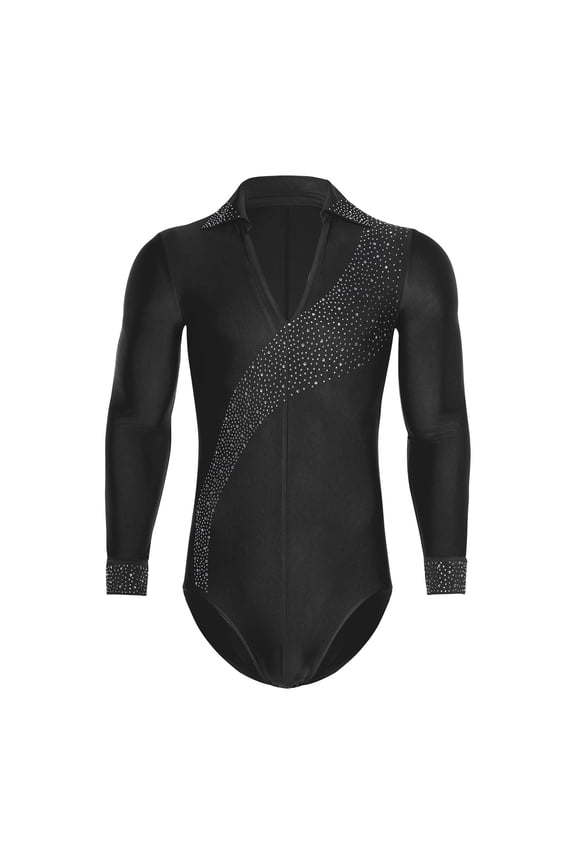 Men's Shiny Rhinestone Latin Dance Shirt Leotard Long Sleeve Ballroom Samba Salsa Performance Costume Black XXL