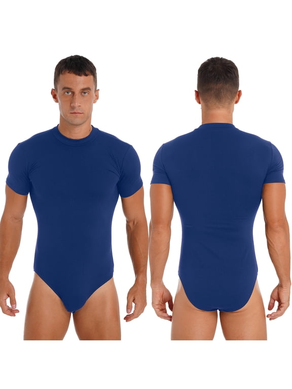 Men's Short Sleeve Undershirt One Piece Leotard Top Press Button Crotch Shirt Bodysuit A Blue M