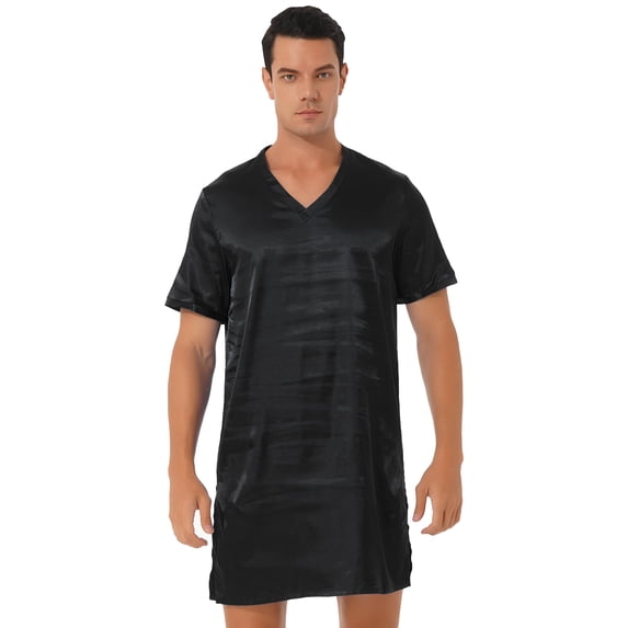 Aislor Men's Silk Satin Nightshirt Nightgown Short Sleeve V-neck Casual Lounge Top Shirt Sleepwear Black M
