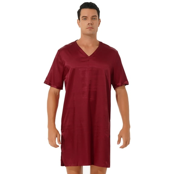 Aislor Men's Silk Satin Nightshirt Nightgown Short Sleeve V-neck Casual Lounge Top Shirt Sleepwear Burgundy XL