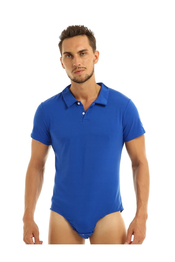 Men's Turn-Down Collar Short Sleeve Shirt Button Crotch Leotard One Piece Bodysuit Rompers