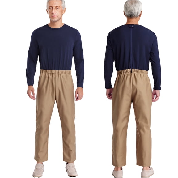 Aislor Mens Alzheimers Adaptive Clothing Long Sleeve Anti-Strip Back Jumpsuit Navy Blue Khaki M