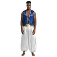 thumbnail image 1 of Aislor Mens Arabian Prince Costume Outfit Satin Waistcoat And Harem Pants Loose Bloomers Set for Halloween Festival Royal Blue&White 4XL, 1 of 7