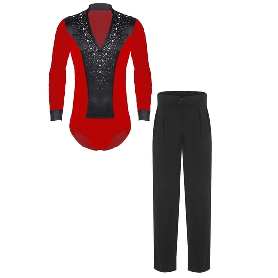 Aislor Mens Ballroom Dance Latin Salsa Set Sparkling Rhinestone V Neck Bodysuit Tops with Straight Leg Pants Red M