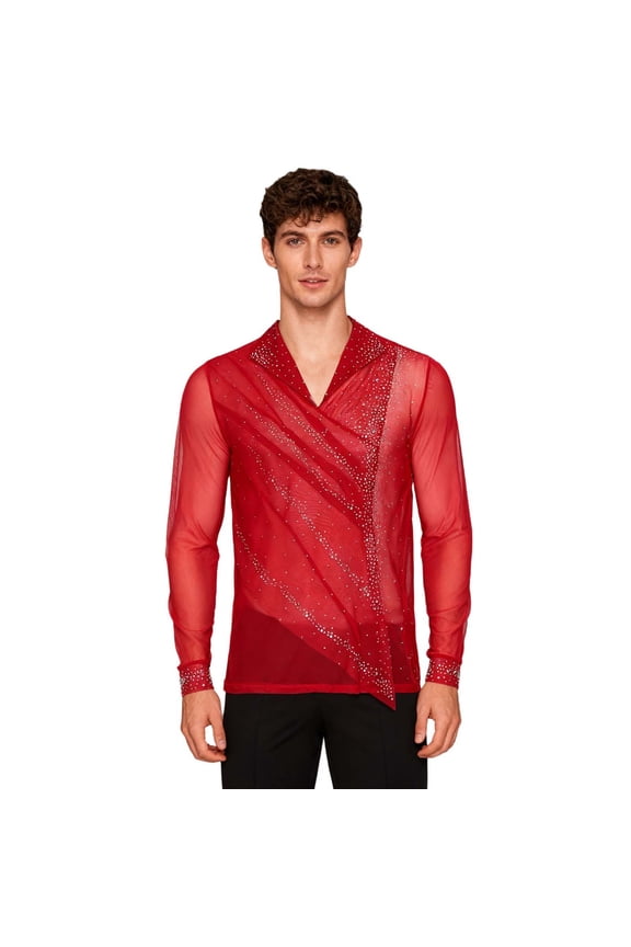 Mens Figure Skating Mesh Tops Ballet Gymnastics Performance Pullover Dance Shirt Latin Jazz Dancewear Red L