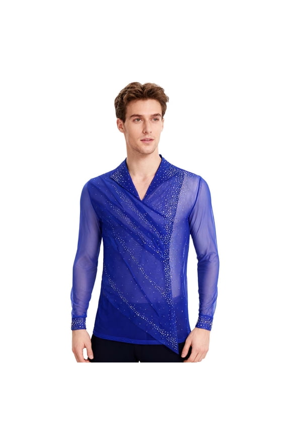 Mens Figure Skating Mesh Tops Ballet Gymnastics Performance Pullover Dance Shirt Latin Jazz Dancewear Royal Blue L