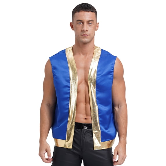 Aislor Mens Halloween Toad Vest Open Front Shiny Trim Cartoon Captain Waistcoat Royal Blue XXL