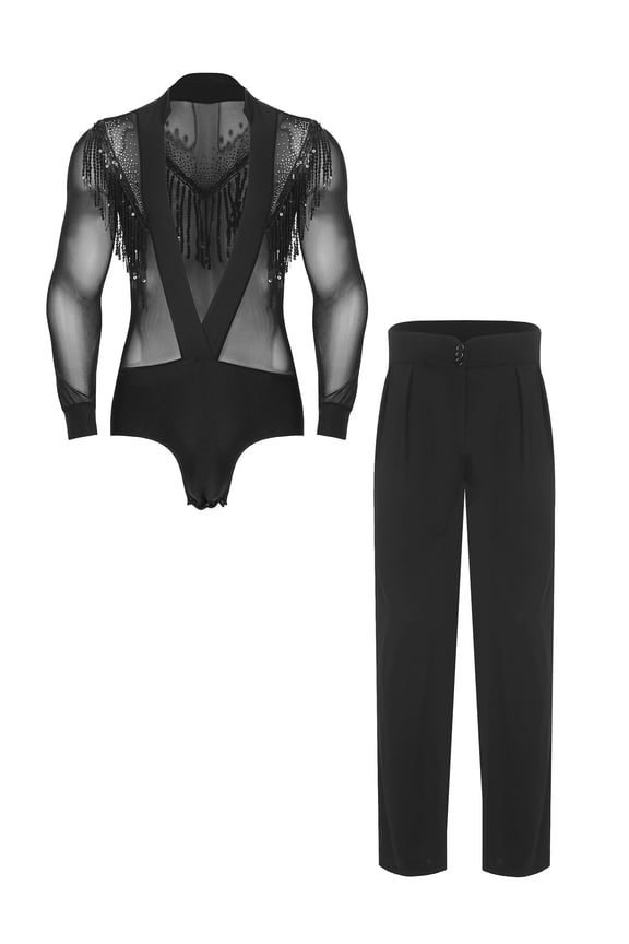Mens Latin Chacha Dance Outfits Deep V-neck Sequin Tassel Mesh Bodysuit and Pants 2-piece Costume Black S