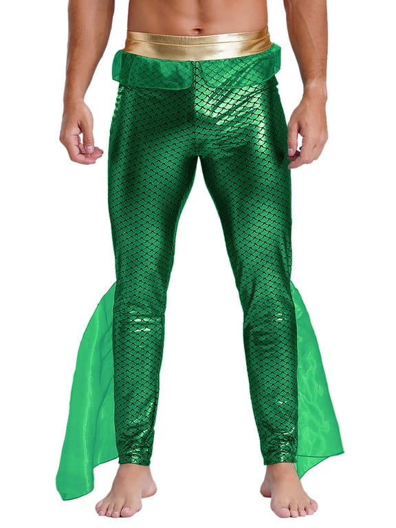 Mens Mermaid Pants Metallic Shiny Fishscale Print Leggings King of The Seas Halloween Cosplay Green M