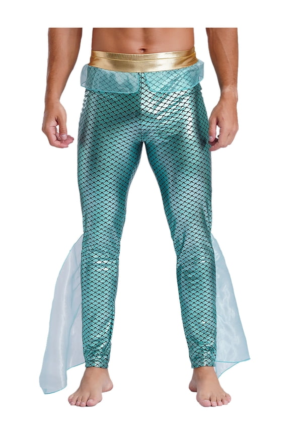 Mens Mermaid Pants Metallic Shiny Fishscale Print Leggings King of The Seas Halloween Cosplay Mint Green M