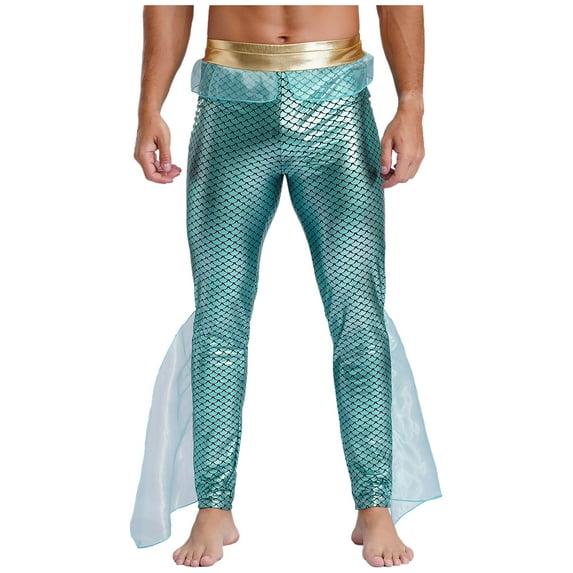 Aislor Mens Mermaid Pants Metallic Shiny Fishscale Print Leggings King of The Seas Halloween Cosplay Mint Green XXL
