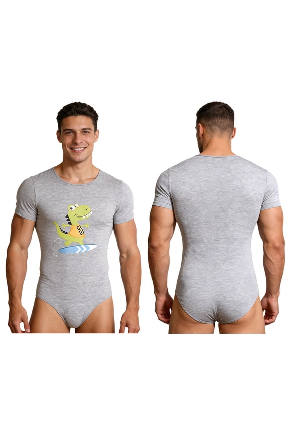 Mens Pajamas Bodysuit Cute Dinosaur Print Short Sleeve Leotard Buttoned Crotch Diaper Rompers Gray M
