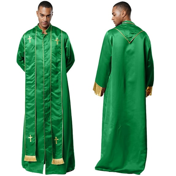 Aislor Mens Priest Long Sleeve Stand Collar Gold Cross Cassock for Church Worship Halloween Cosplay Green 3XL
