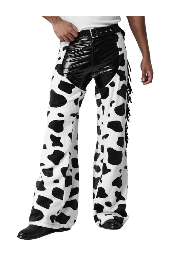 Mens Suede Fringe Western Cowboy Chaps Flannel Pants Halloween Cosplay Costume Black White 3XL
