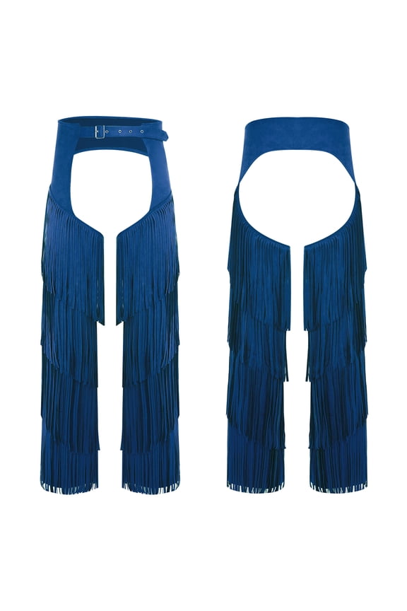 Mens Western Cowboy Chaps Pants Faux Suede Tiered Fringe Halloween Trousers Blue XXL