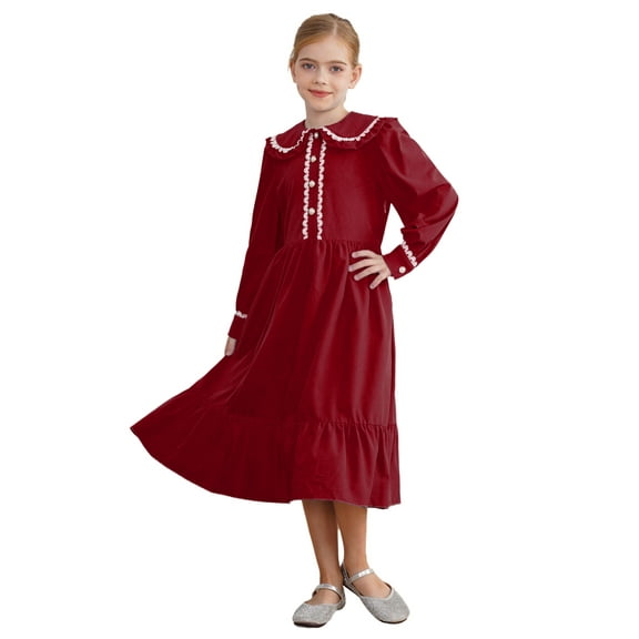 Aislor Pioneer Girls Colonial Prairie Costume 1800s Victorian Long Sleeve Ruffle Dress Burgundy 16