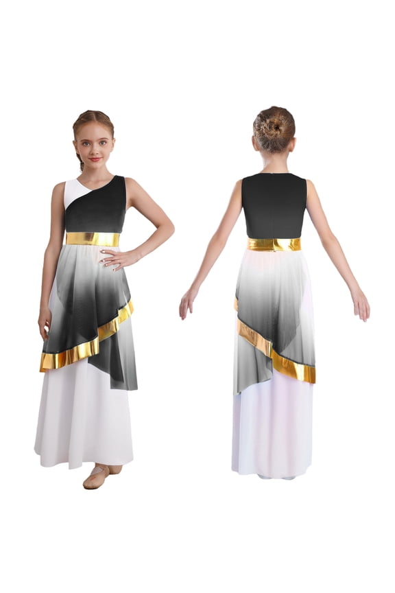 Praise Dance Dress for Girls Metallic Gradient Block Liturgical Dancewear Full Length Worship Robe Tunic Black 8