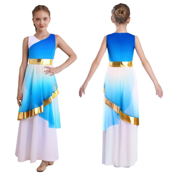Aislor Praise Dance Dress for Girls Metallic Gradient Block Liturgical Dancewear Full Length Worship Robe Tunic Royal Blue 6