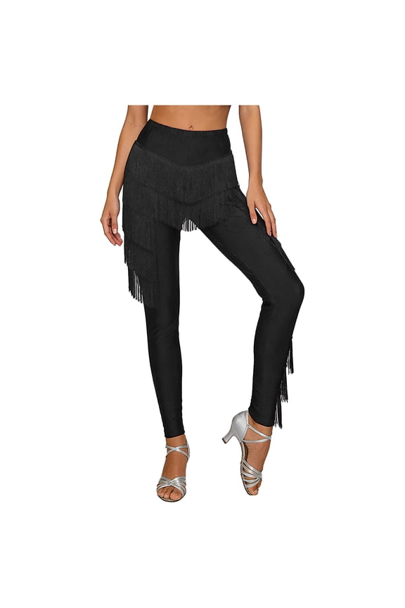 Professional Latin Dance Pants For Women Fringed Long Leggings High Waist Tassel Ballroom Trousers Black S