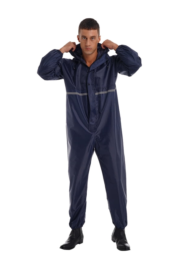 Rain Suit for Men & Women One Piece Waterproof Coveralls Reflective Strip Rainsuit A Navy Blue L