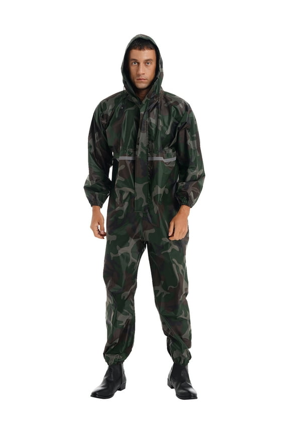 Rain Suit for Men & Women One Piece Waterproof Coveralls Reflective Strip Rainsuit Camouflage M
