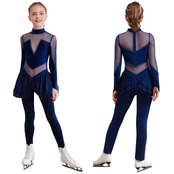 Aislor Rhythmic Romper Leotard for Girls Tank Unitard Gymnastics Leotard One Piece Figure Skating Dress Jumpsuit Navy Blue 14