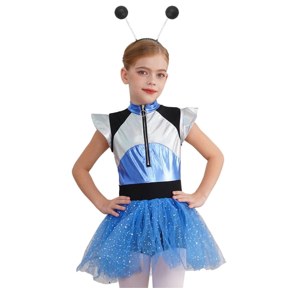 Aislor Shiny Metallic Alien Dress for Girls with Hair Hoop Cap Sleeve Sequins Zipper Robot Dress Blue 12