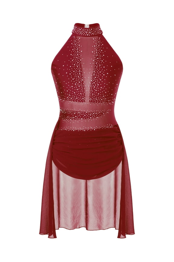 Shiny Rhinesstone Lyrical Dance Dress for Women Halter Neck Mesh Ballet Dance Leotard S-XXL A Burgundy M