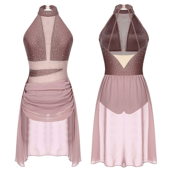 Aislor Shiny Rhinesstone Lyrical Dance Dress for Women Halter Neck Mesh Ballet Dance Leotard S-XXL Dusty Pink S
