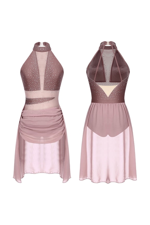 Shiny Rhinesstone Lyrical Dance Dress for Women Halter Neck Mesh Ballet Dance Leotard S-XXL Dusty Pink S