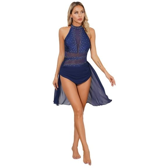 Aislor Shiny Rhinesstone Lyrical Dance Dress for Women Halter Neck Mesh Ballet Dance Leotard S-XXL Navy Blue S